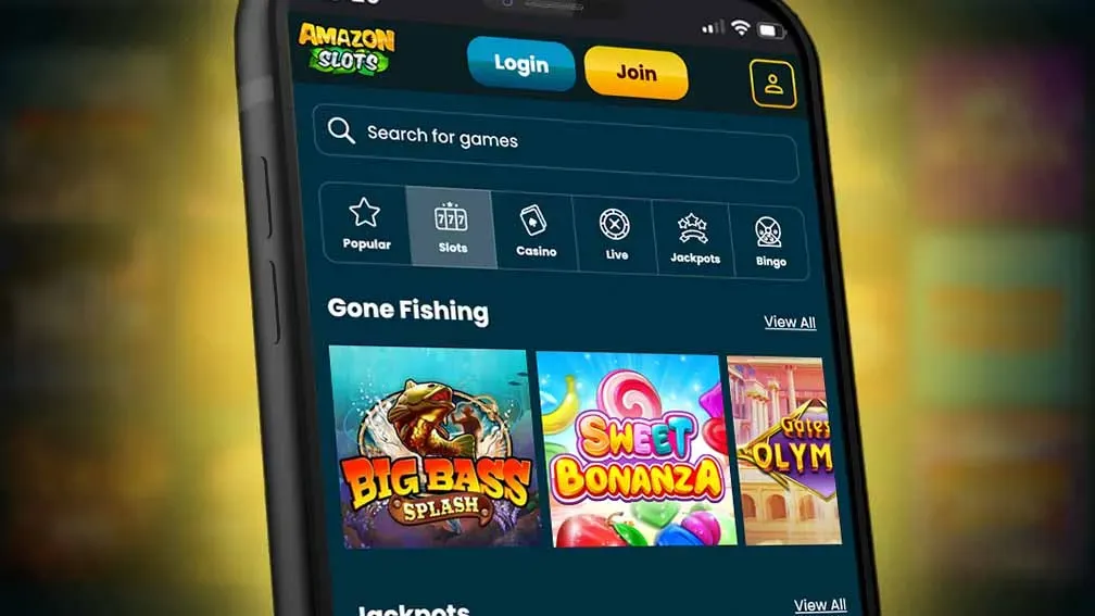 Amazon Slots Casino Plattform mit Slots und Live-Casino Übersicht